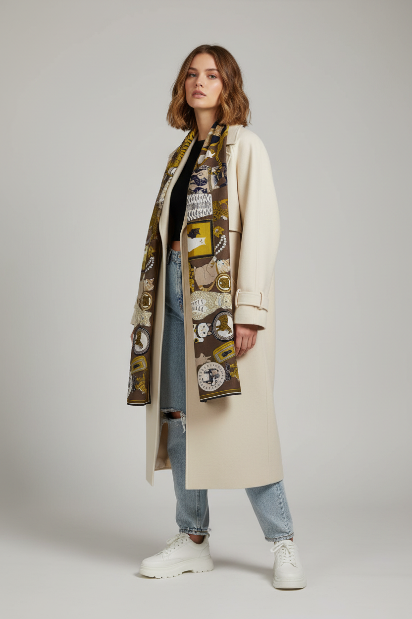 Schal aus 100% Wolle mit vielfältigen Tiermotiven in Khaki – Collectionneur