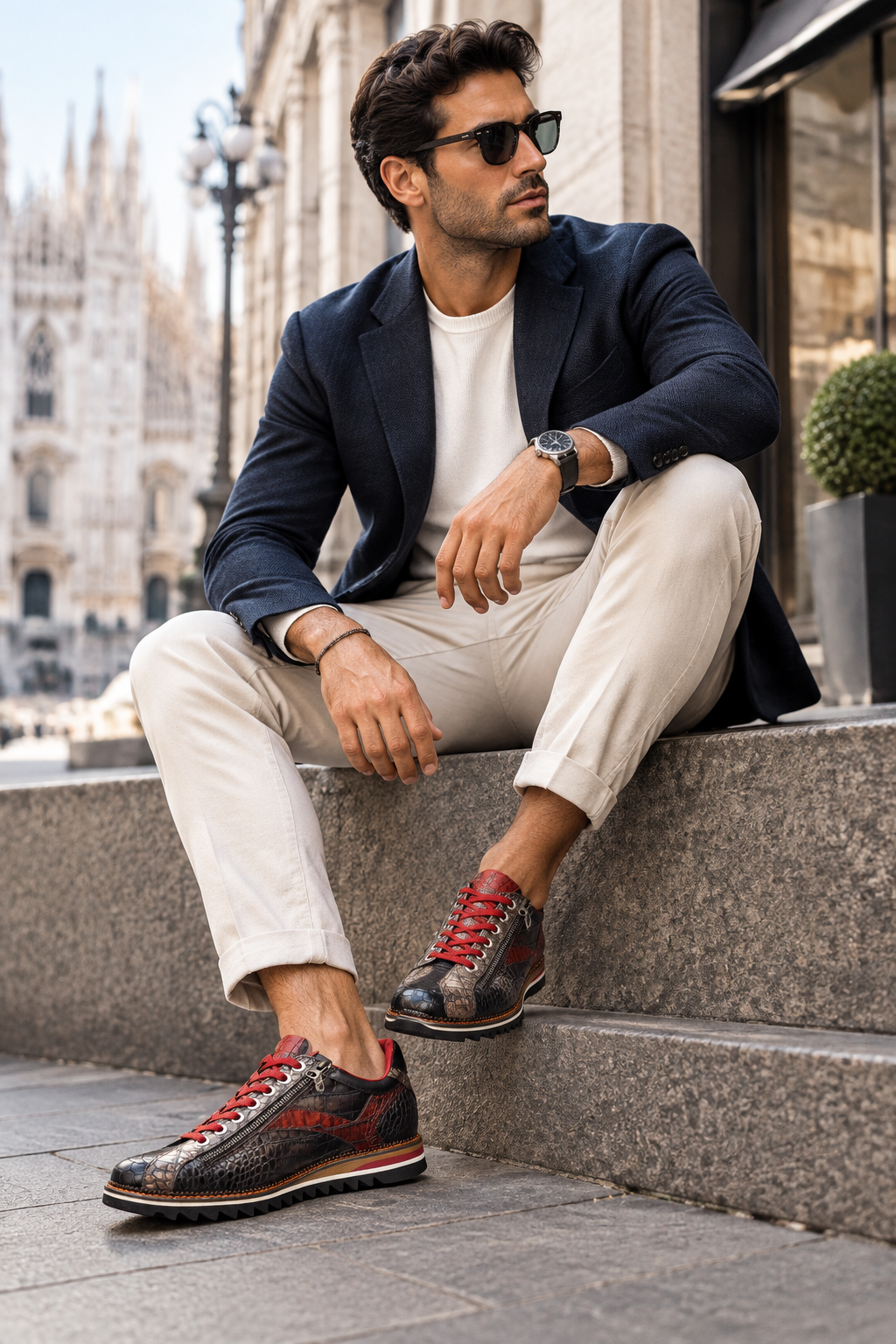 Extravaganter Herren Sneaker aus geprägtem Leder in Braun, Schwarz & Rot