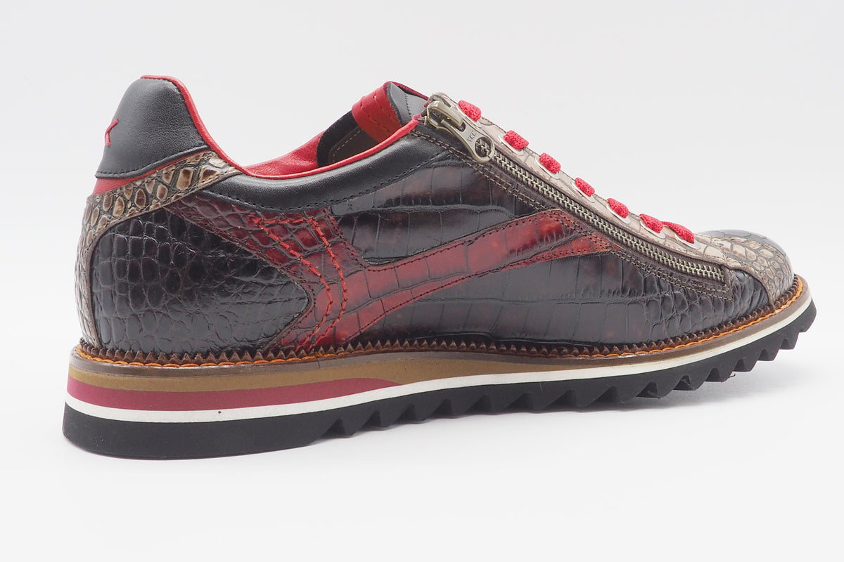 Extravaganter Herren Sneaker aus geprägtem Leder in Braun, Schwarz & Rot