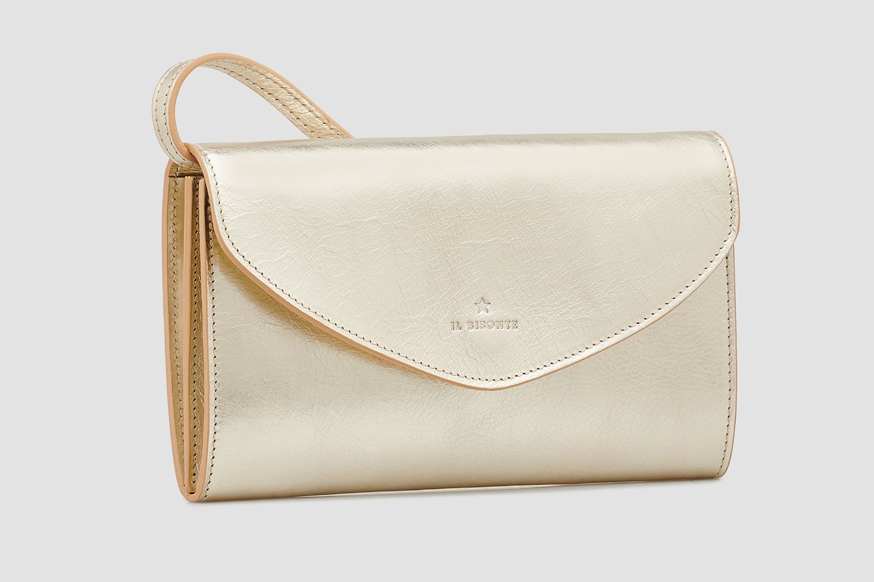 Clutch & Crossbodybag aus laminiertem Naturleder in Platingold Taschen Clutches Il Bisonte