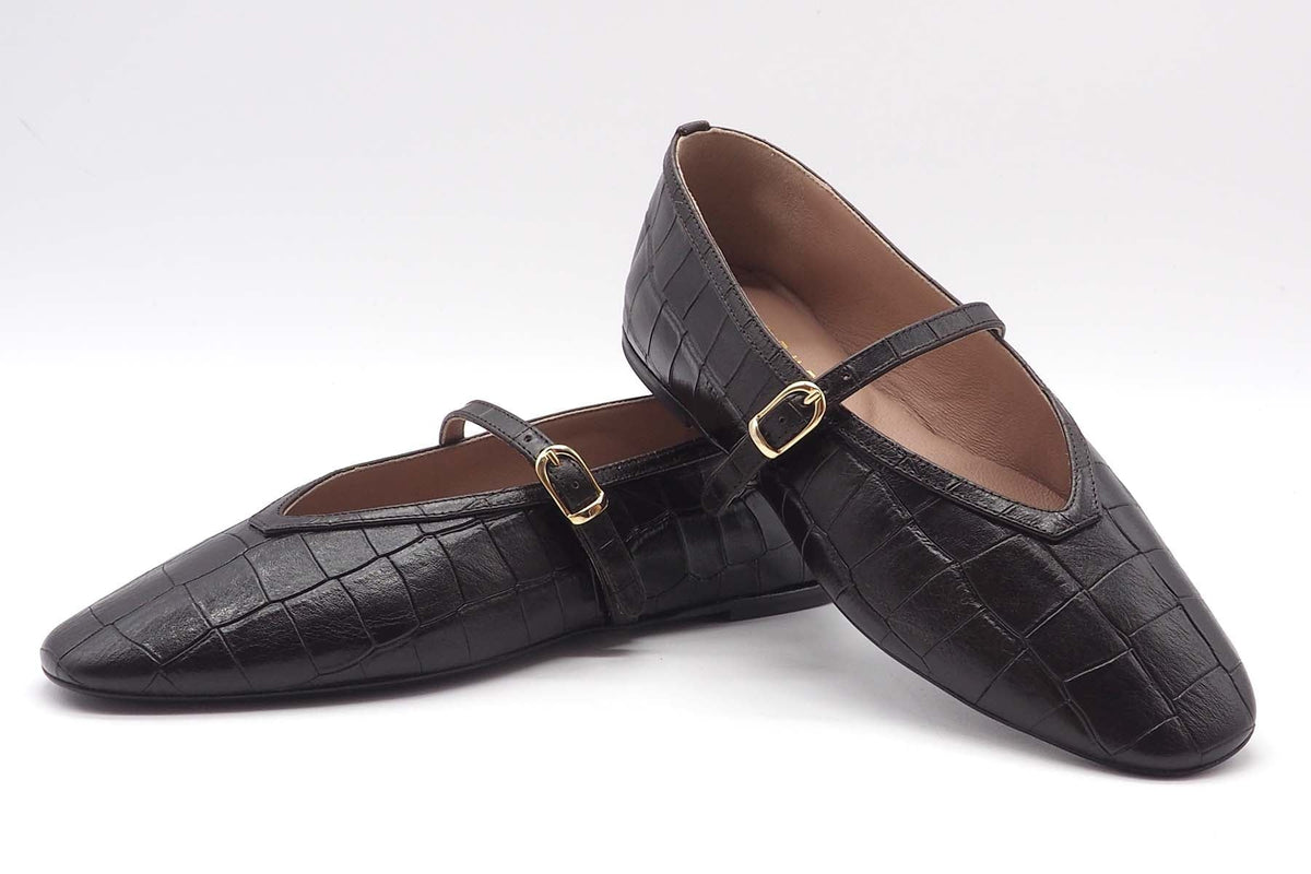Damen Ballerina aus geprägtem Kroko-Leder mit Ristspange in Dunkelbraun Damen Ballerinas Promenade