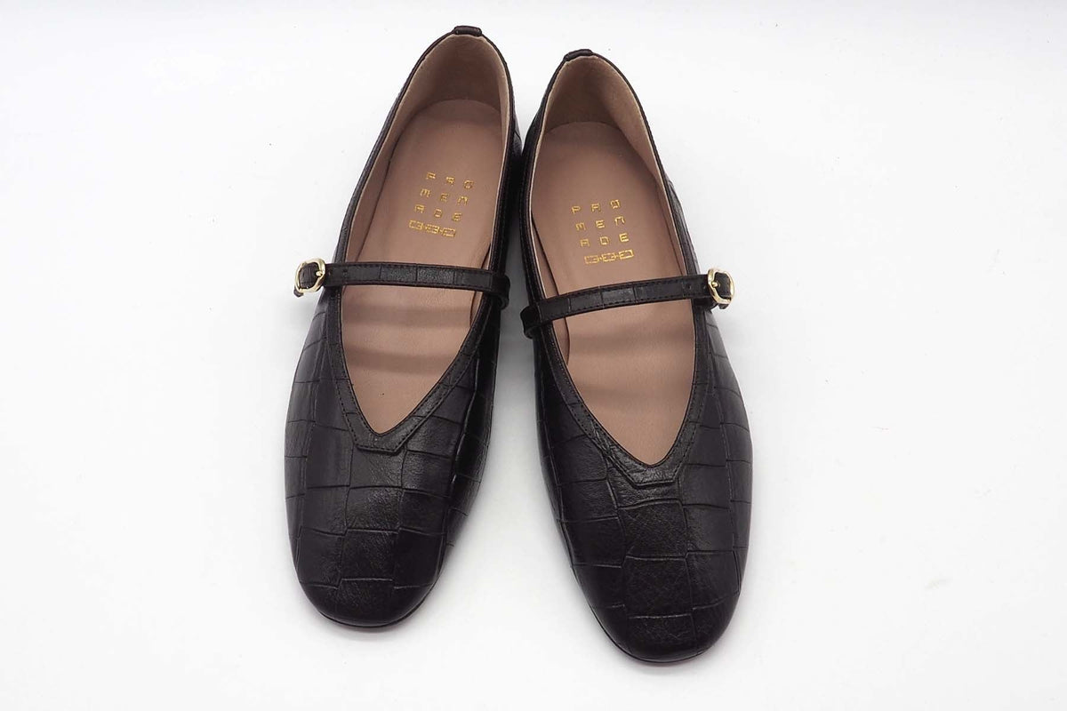 Damen Ballerina aus geprägtem Kroko-Leder mit Ristspange in Dunkelbraun Damen Ballerinas Promenade