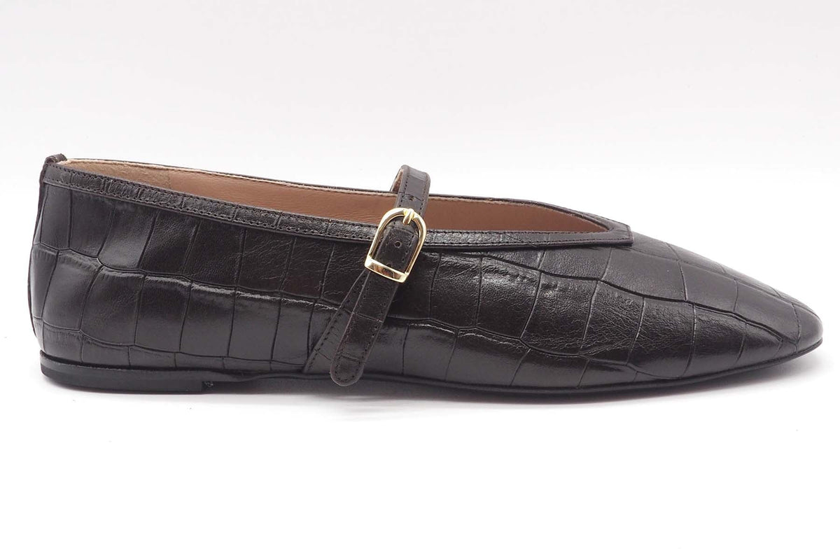 Damen Ballerina aus geprägtem Kroko-Leder mit Ristspange in Dunkelbraun Damen Ballerinas Promenade