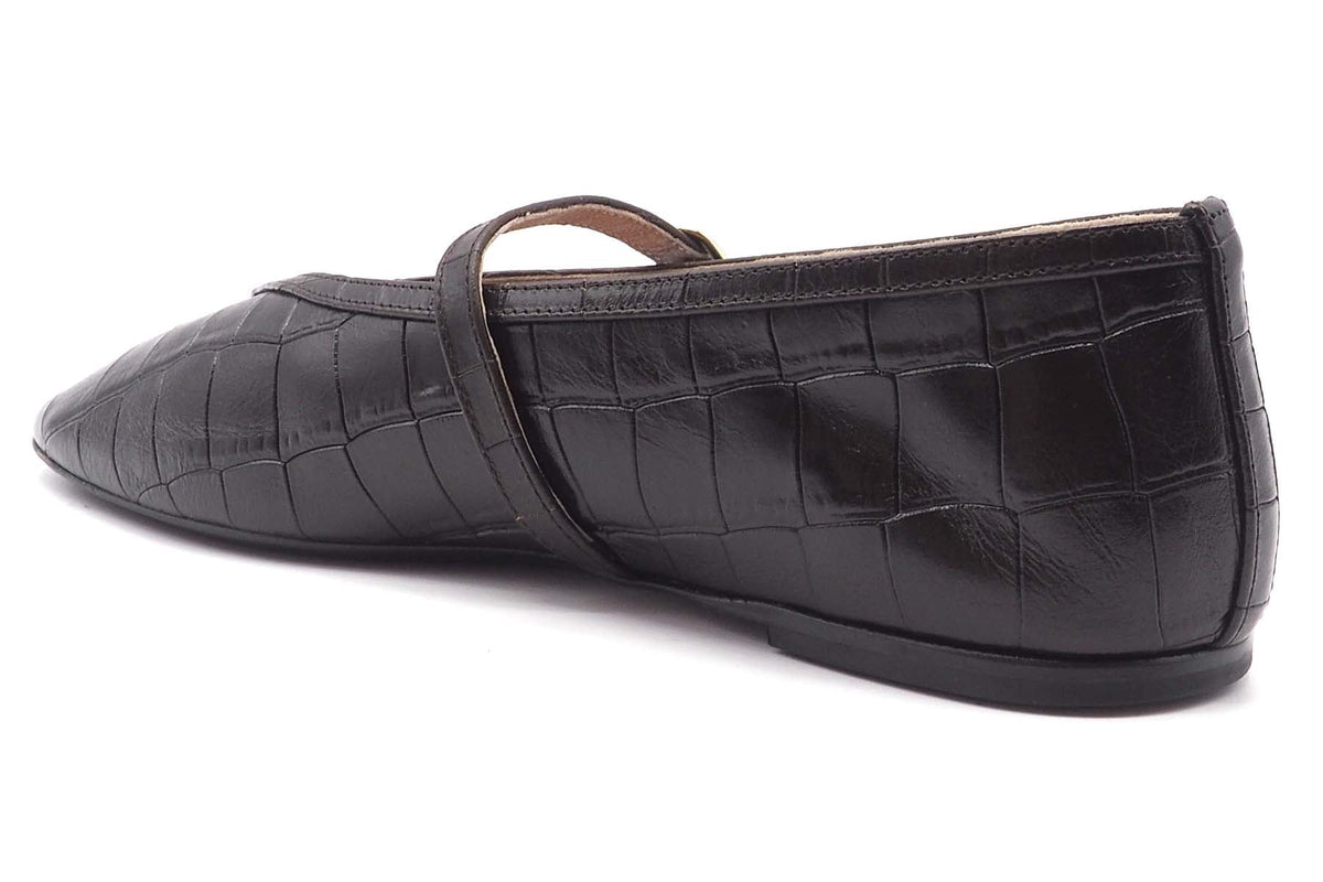 Damen Ballerina aus geprägtem Kroko-Leder mit Ristspange in Dunkelbraun Damen Ballerinas Promenade