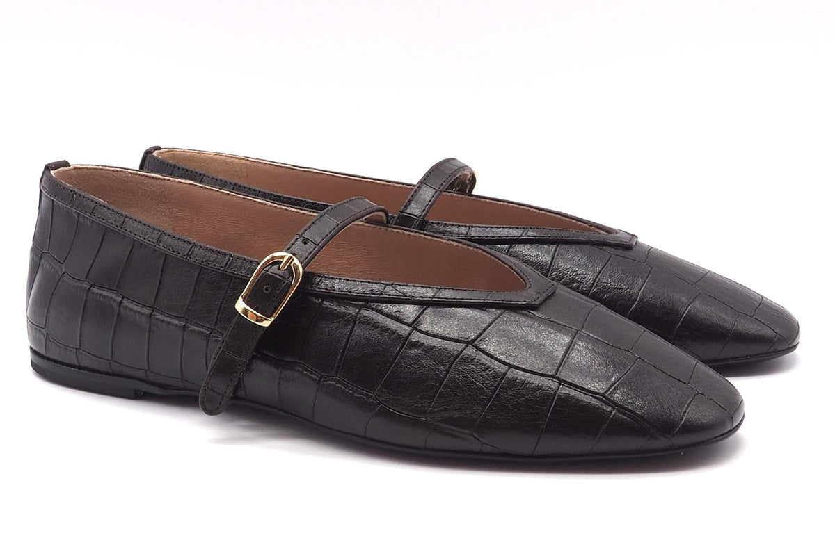 Damen Ballerina aus geprägtem Kroko-Leder mit Ristspange in Dunkelbraun Damen Ballerinas Promenade