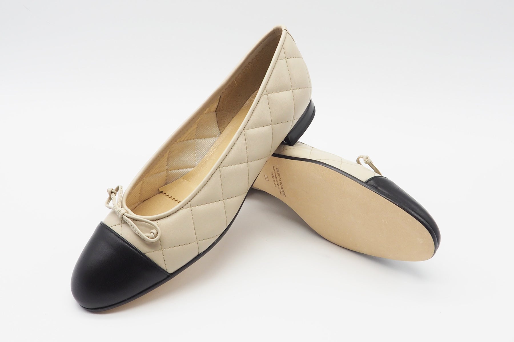 Damen Ballerina aus gesteppten Leder in Creme & Schwarz - Absatz 1,5cm Damen Ballerina Brunate