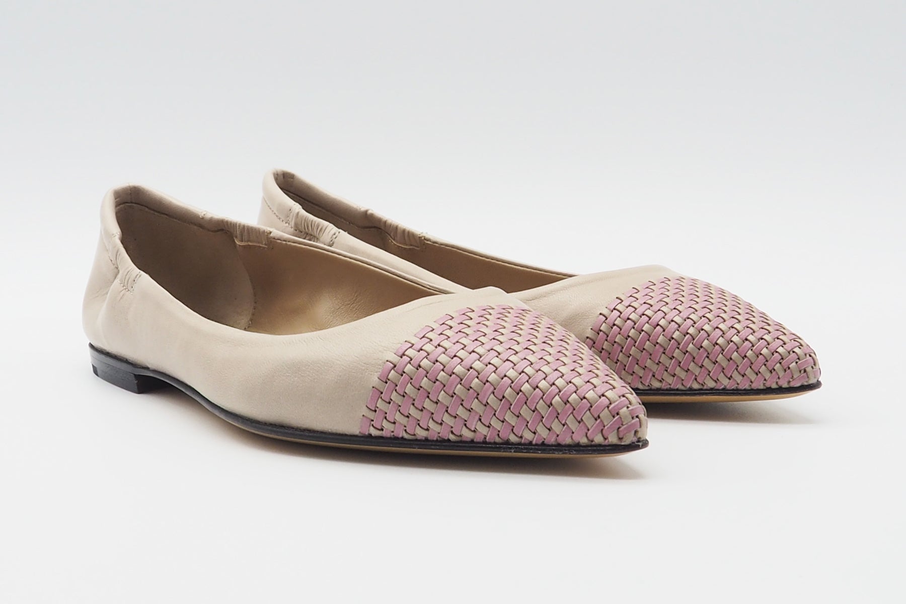 Damen Ballerina aus Leder in Nude mit geflochtener rosa Spitze Damen Ballerinas Pomme D'or