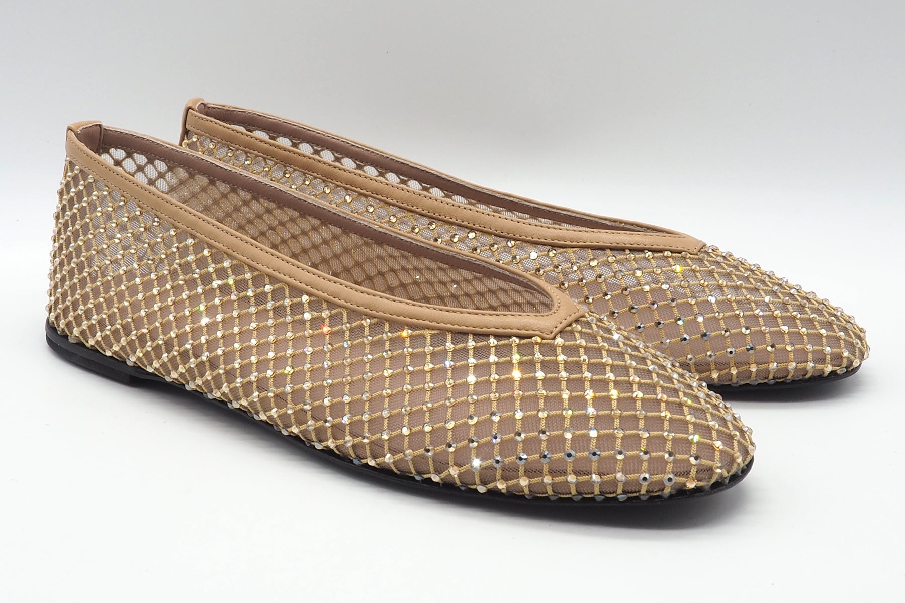 Damen Ballerina aus Mesh & Leder mit Strasssteinen besetzt in Beige Damen Ballerinas Promenade
