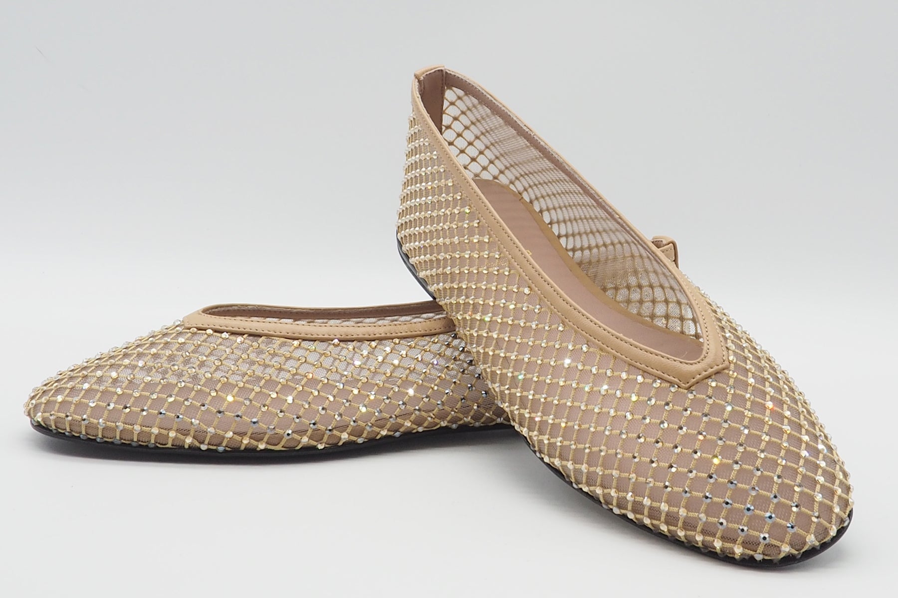Damen Ballerina aus Mesh & Leder mit Strasssteinen besetzt in Beige Damen Ballerinas Promenade
