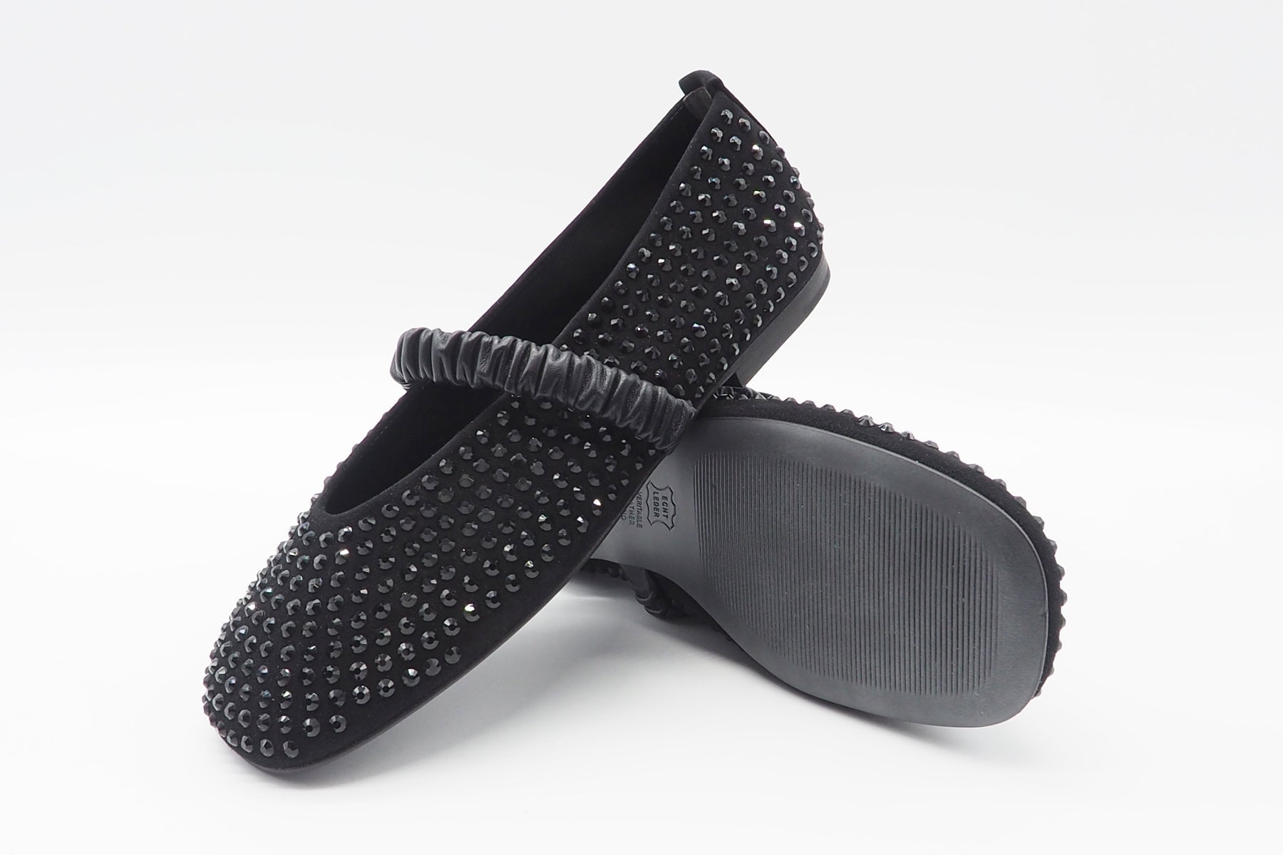 Damen Ballerina in Karreeform aus Veloursleder in Schwarz mit Ristband und Straßsteinen Damen Ballerinas Kennel & Schmenger