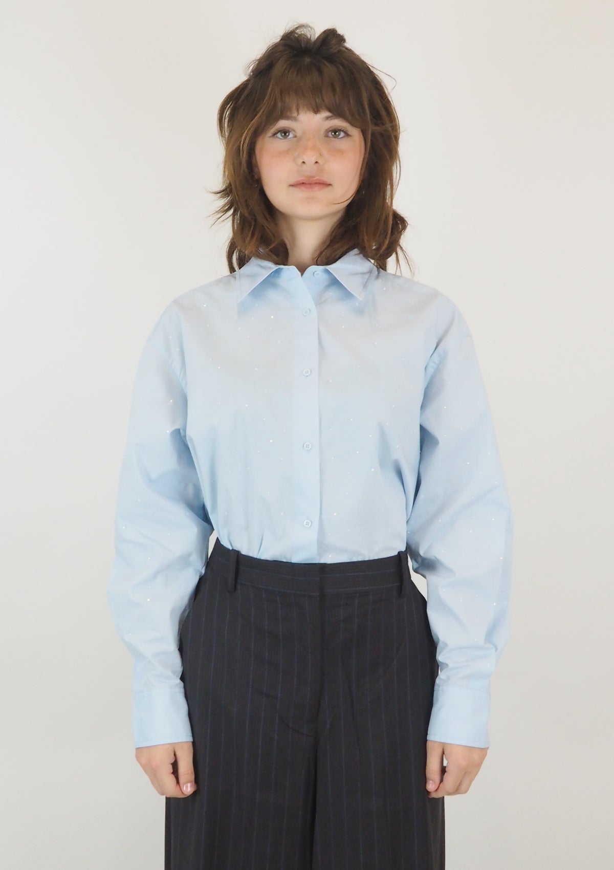 Damen Bluse aus Baumwolle mit Strasssteinen in Hellblau Damen Bluse Psophia