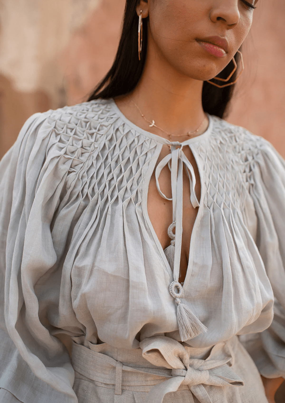 Damen Boho-Bluse aus Ramie in Grau mit Langarm Damen Bluse Scarlett Poppies