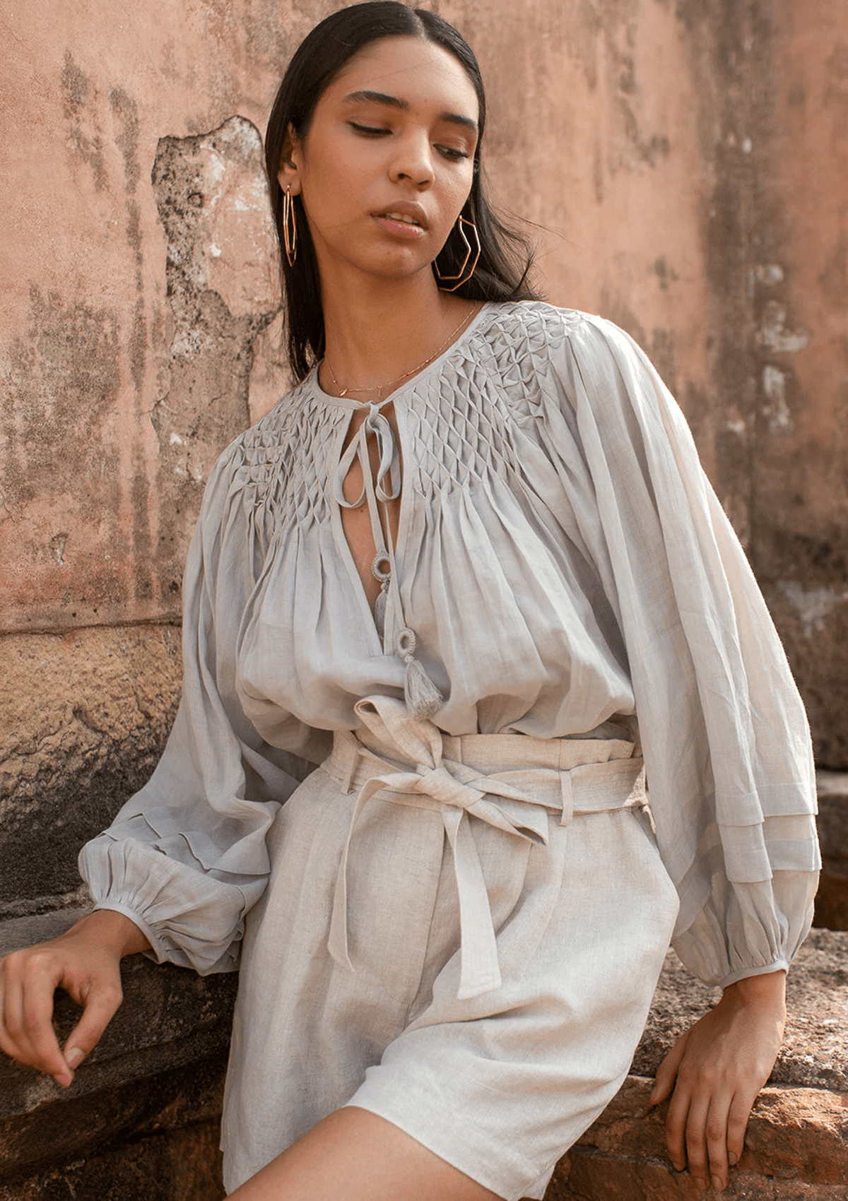 Damen Boho-Bluse aus Ramie in Grau mit Langarm Damen Bluse Scarlett Poppies