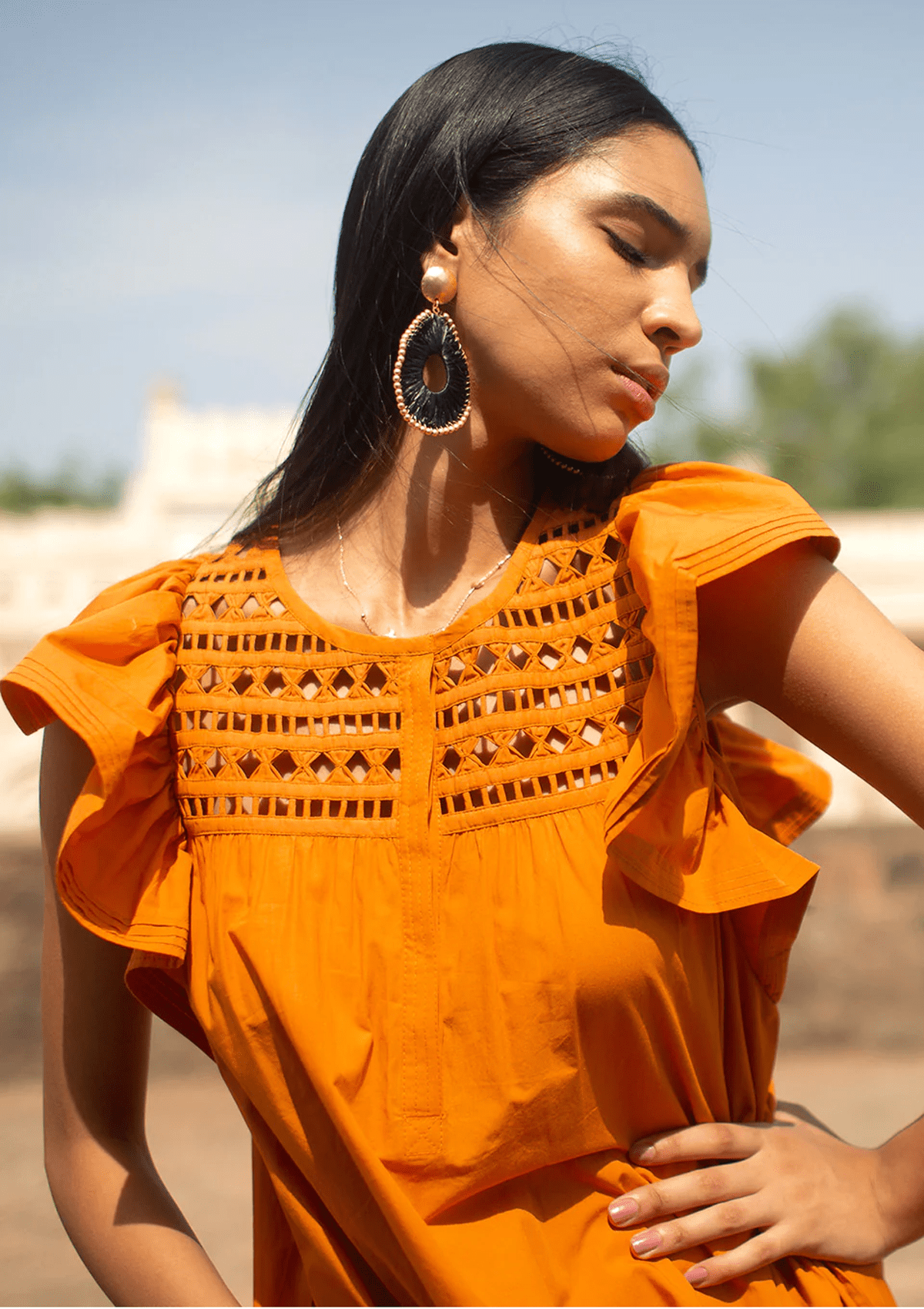 Damen Boho-Kleid mit Lochstickerei, rostfarbig in Midilänge Damen Kleid Scarlett Poppies 