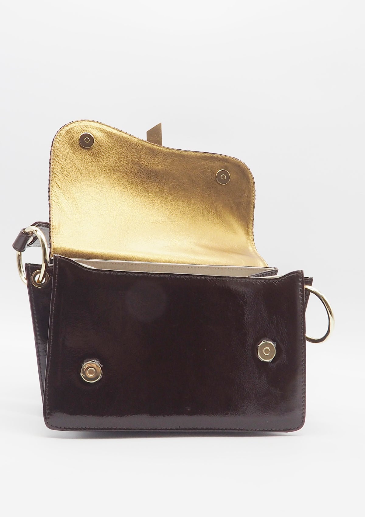 Damen Crossbodybag aus Lackleder Braun & bedrucktem Velours in Bronze Taschen Crossbody & Schultertasche Chie Mihara