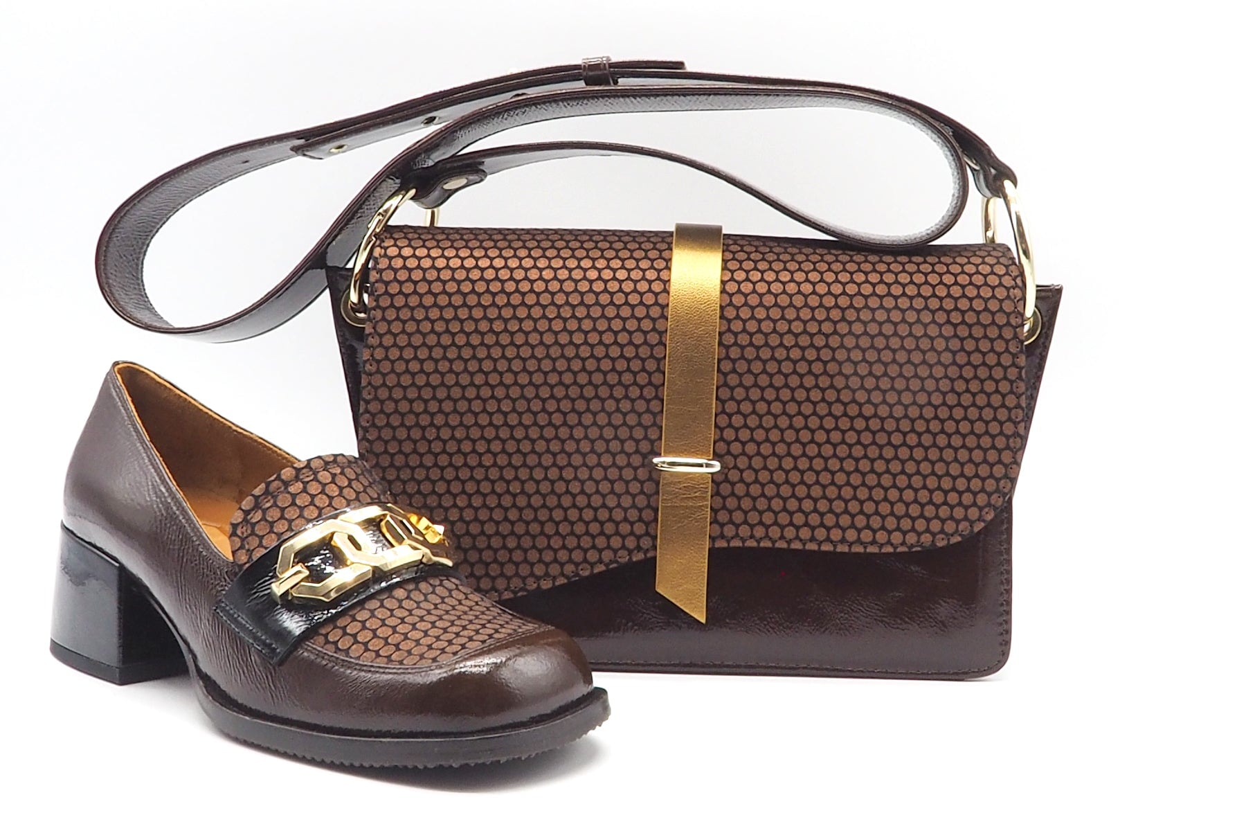 Damen Crossbodybag aus Lackleder Braun & bedrucktem Velours in Bronze Taschen Crossbody & Schultertasche Chie Mihara