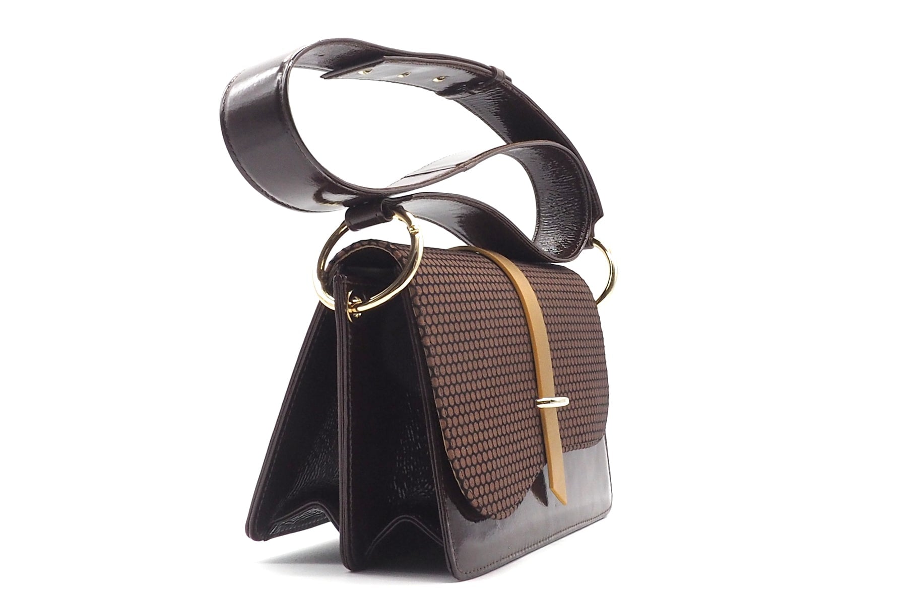 Damen Crossbodybag aus Lackleder Braun & bedrucktem Velours in Bronze Taschen Crossbody & Schultertasche Chie Mihara