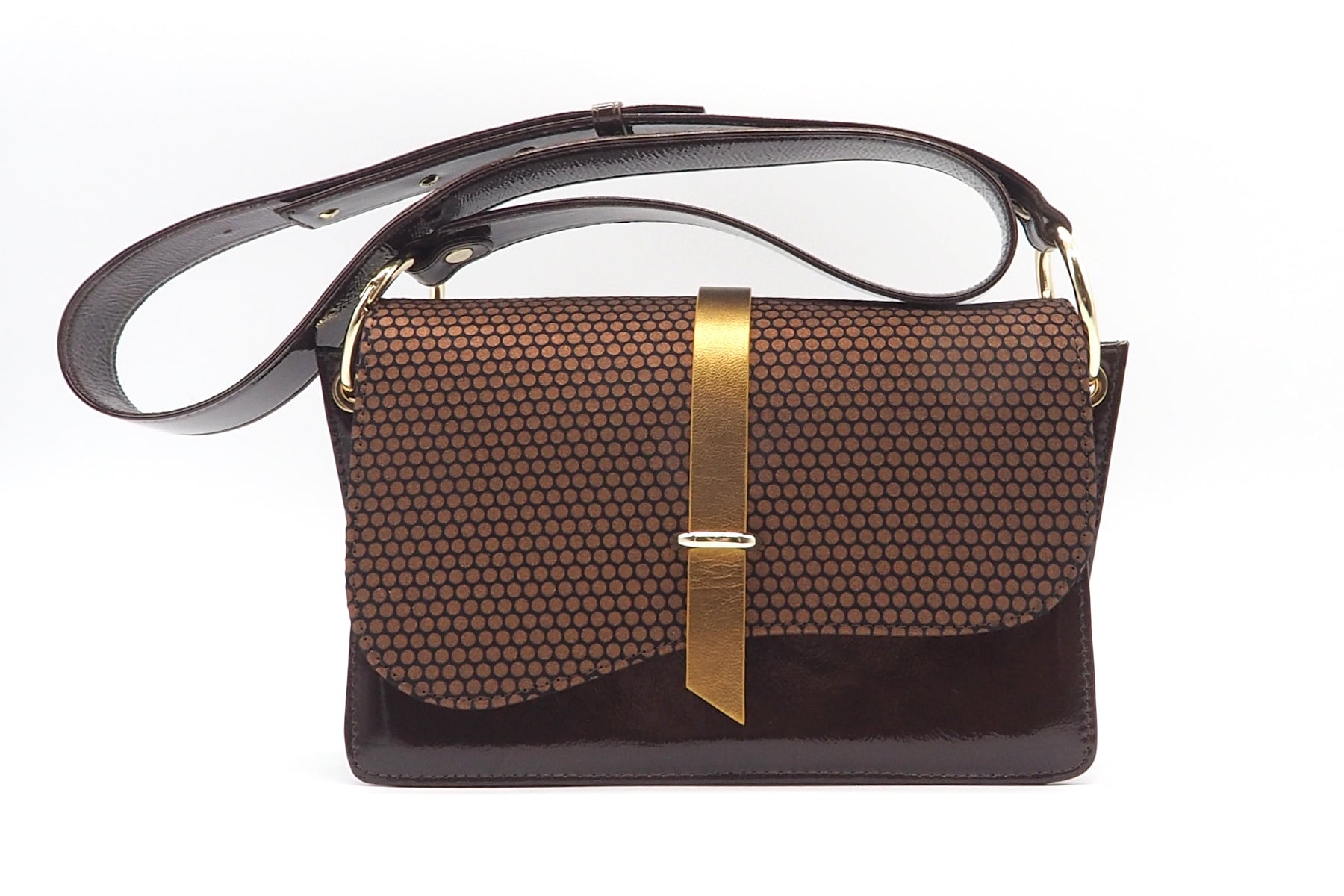 Damen Crossbodybag aus Lackleder Braun & bedrucktem Velours in Bronze Taschen Crossbody & Schultertasche Chie Mihara