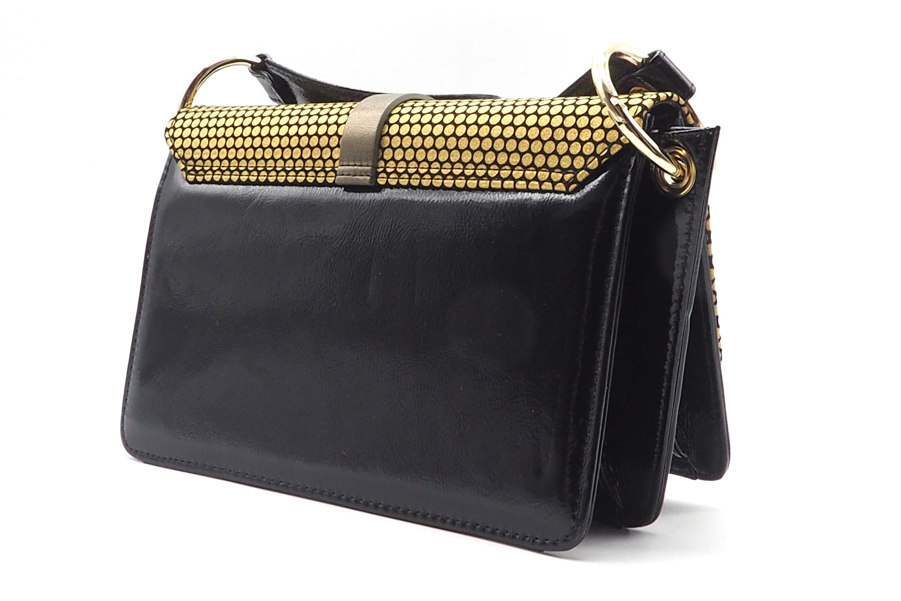 Damen Crossbodybag aus Lackleder Schwarz & bedrucktem Velours in Gold Taschen Crossbody & Schultertasche Chie Mihara