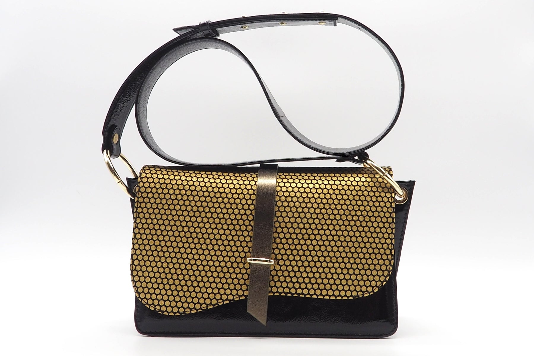 Damen Crossbodybag aus Lackleder Schwarz & bedrucktem Velours in Gold Taschen Crossbody & Schultertasche Chie Mihara