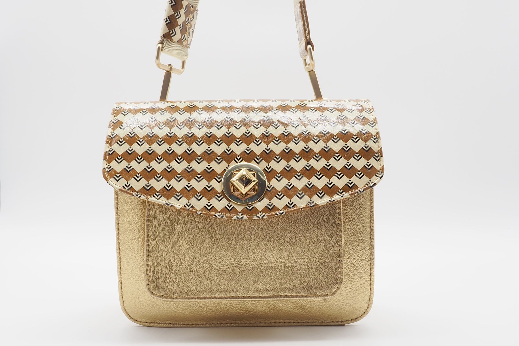 Damen Crossbodytasche in Gold & Überschlag aus bedrucktem Leder in Braun & Creme Taschen Crossbody & Schultertasche Chie Mihara