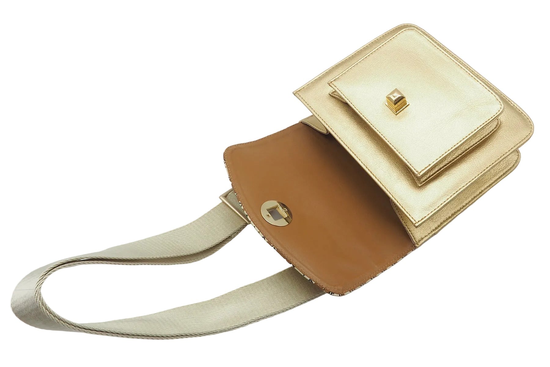 Damen Crossbodytasche in Gold & Überschlag aus bedrucktem Leder in Braun & Creme Taschen Crossbody & Schultertasche Chie Mihara