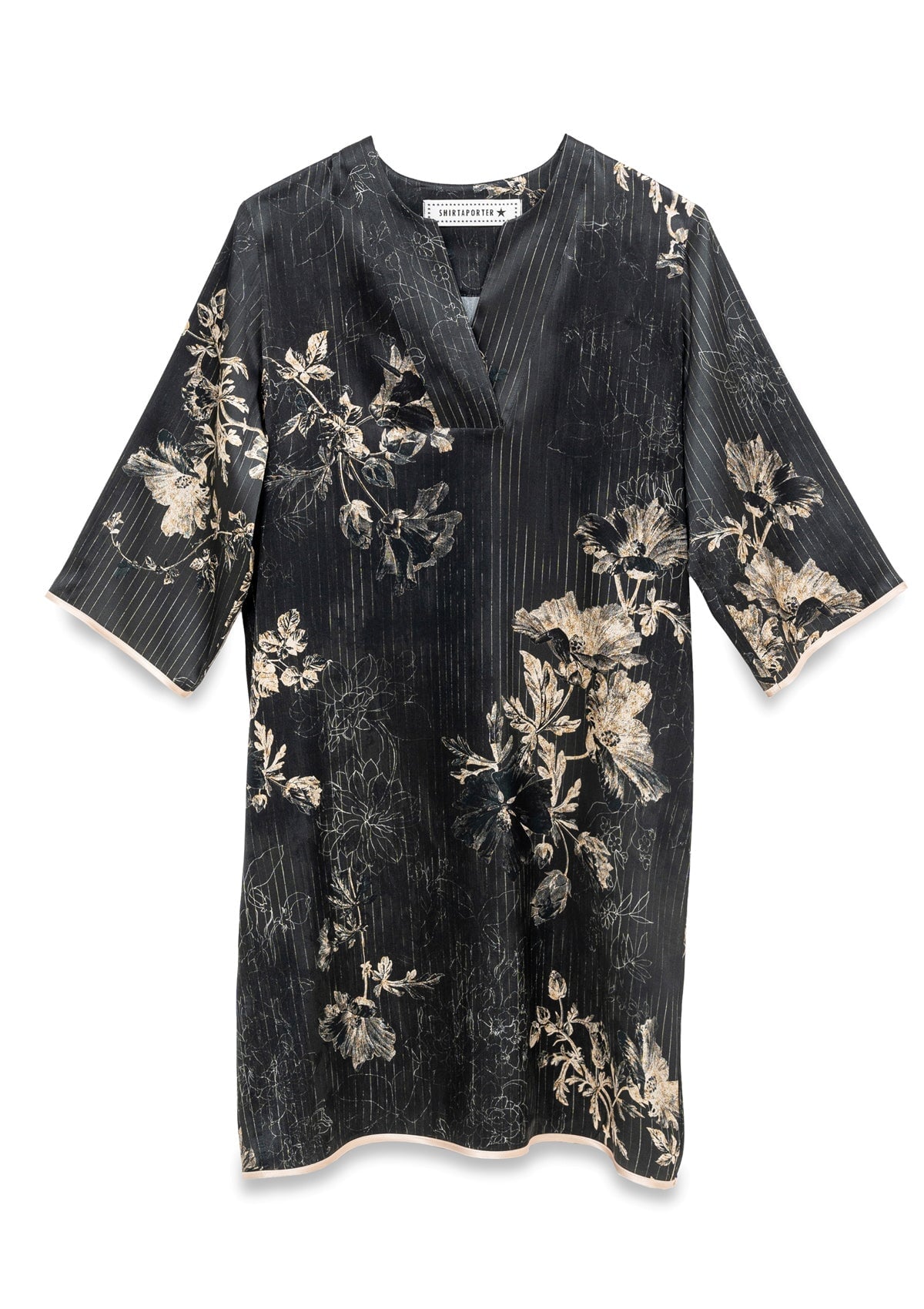 Damen Hemdblusenkleid aus Seide mit Blütendruck in Schwarz & Creme Damen Kleid Shirtaporter