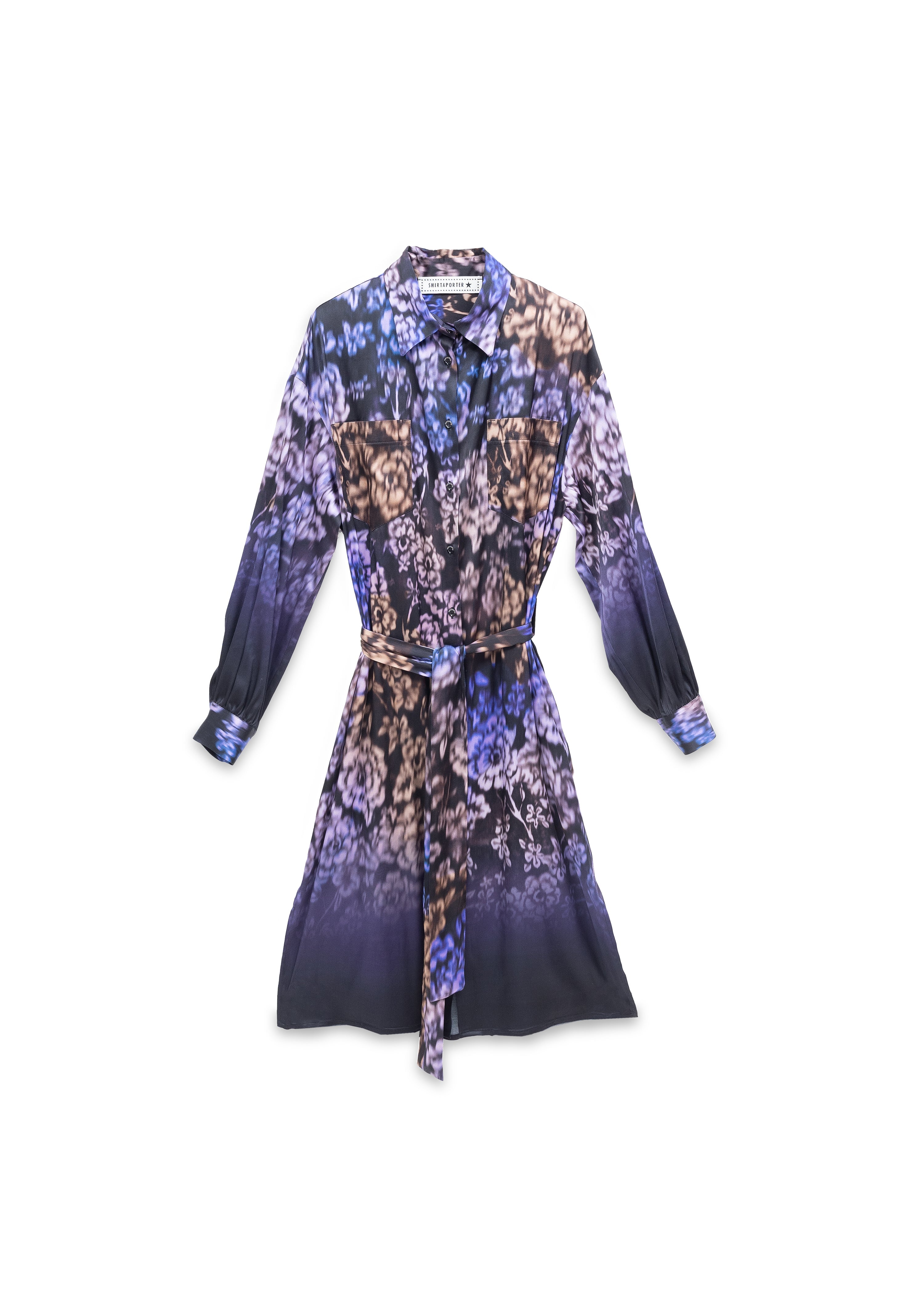 Damen Hemdblusenkleid aus Viskose mit Blütendruck in Schwarz & Viola Damen Kleid SHIRTAPORTER