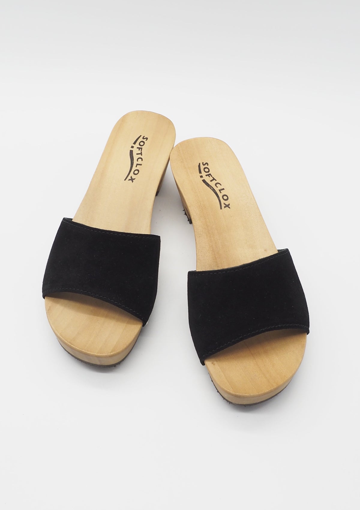 Damen Holzpantoffel in Veloursleder schwarz mit flexibler Sohle Damen Pantoffel Softclox