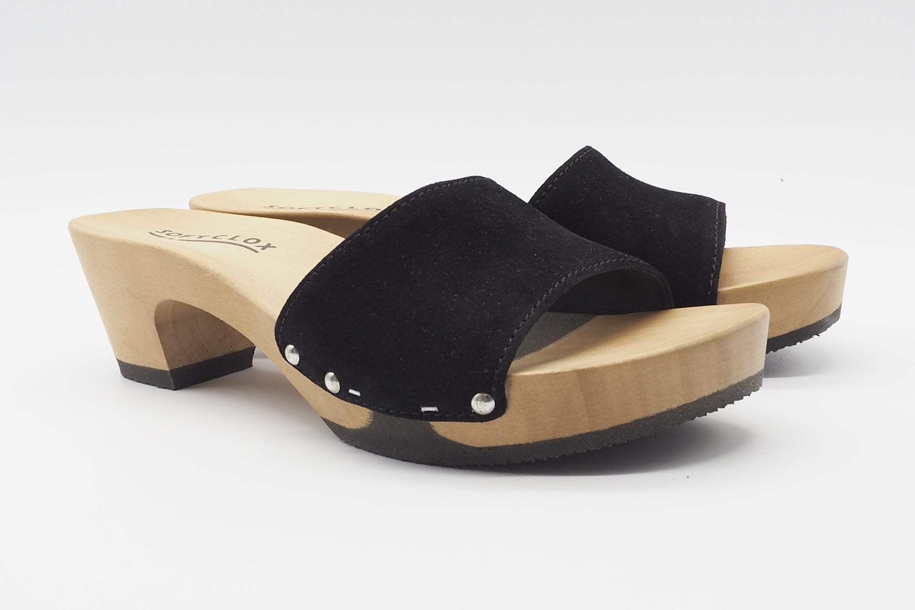 Damen Holzpantoffel in Veloursleder schwarz mit flexibler Sohle Damen Pantoffel Softclox