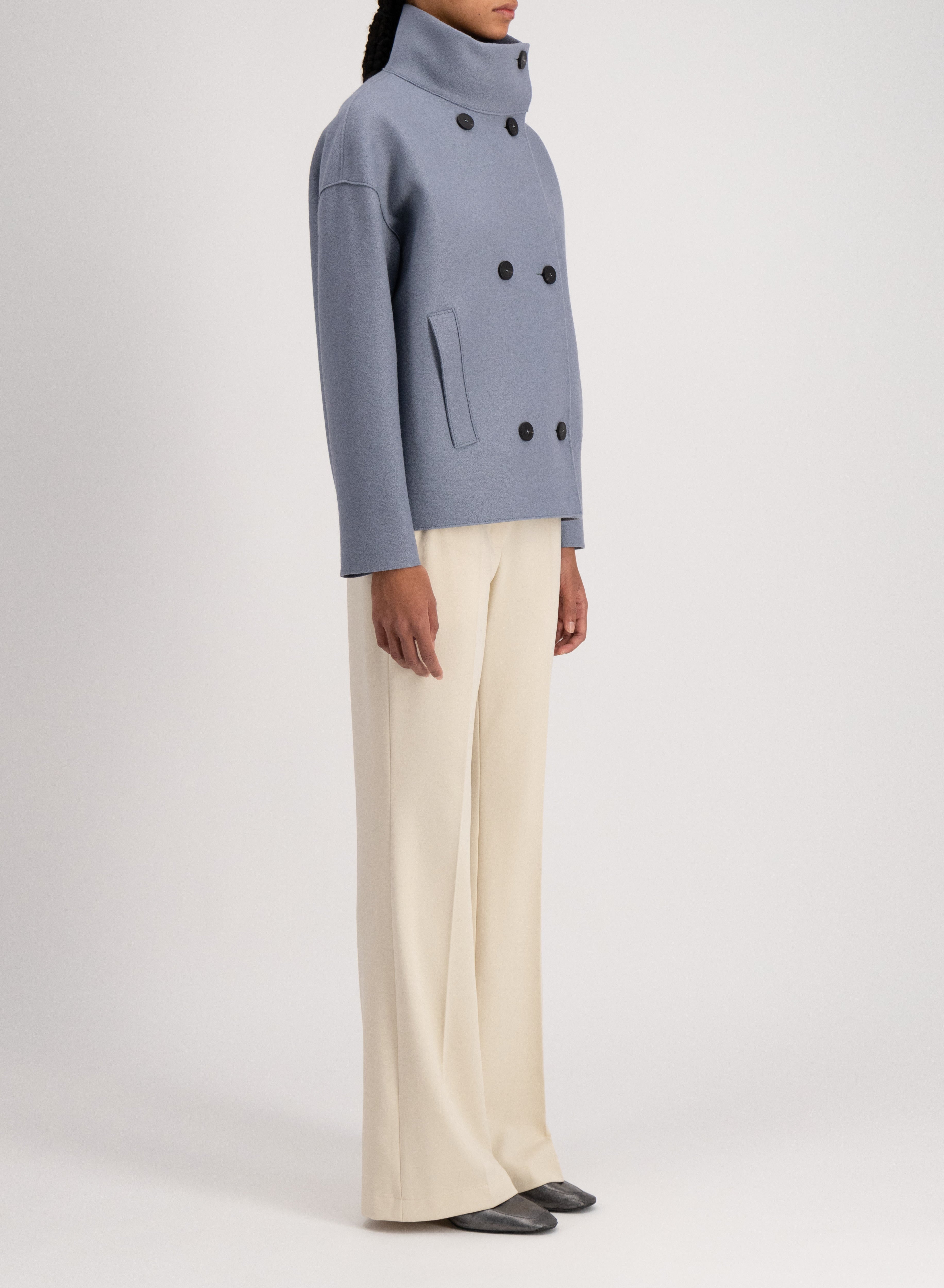 Damen Jacke aus gepresster Wolle in Grau mit Stehkragen - Doppelreiher Damen Jacke Harris Wharf London