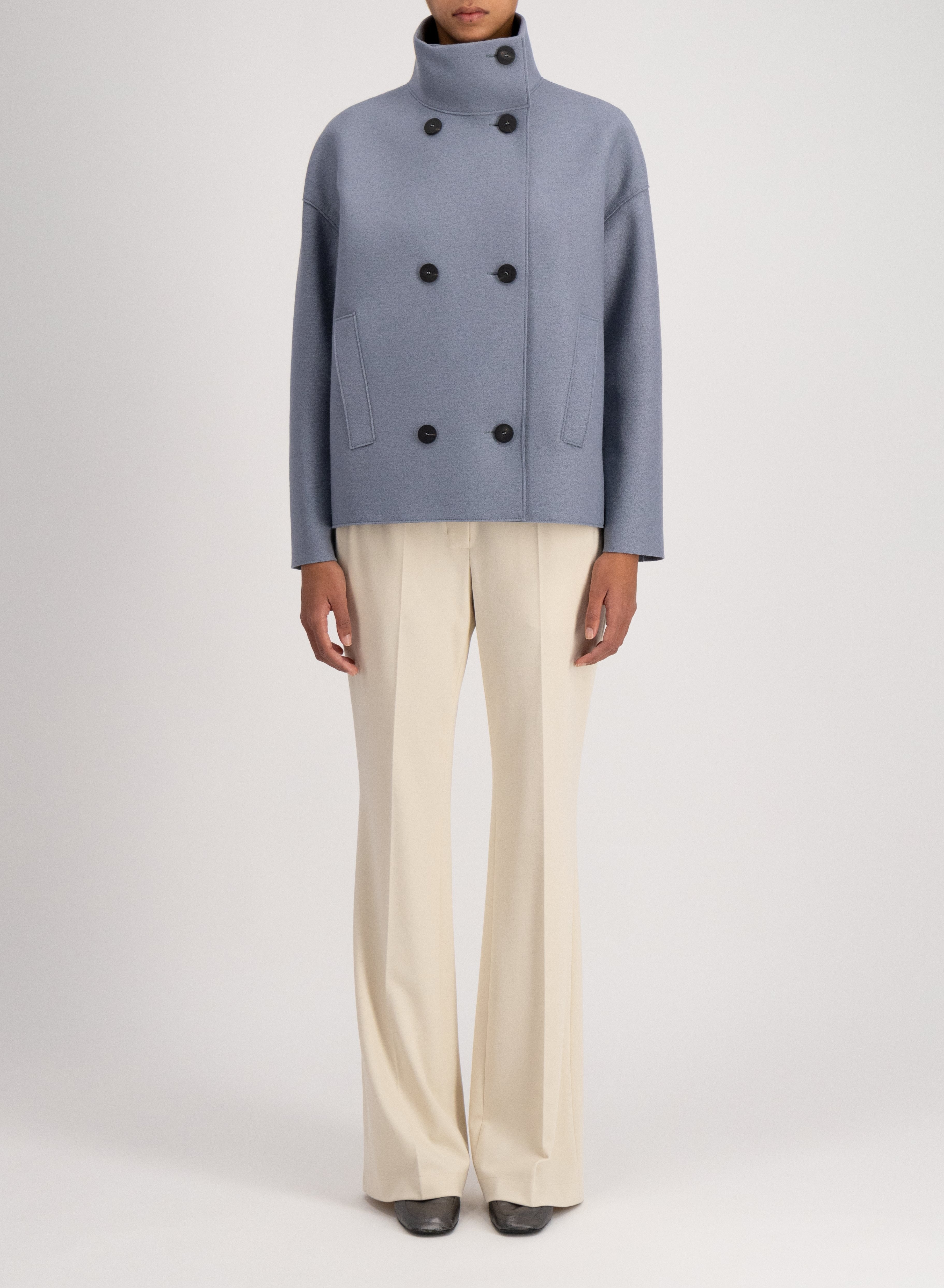 Damen Jacke aus gepresster Wolle in Grau mit Stehkragen - Doppelreiher Damen Jacke Harris Wharf London