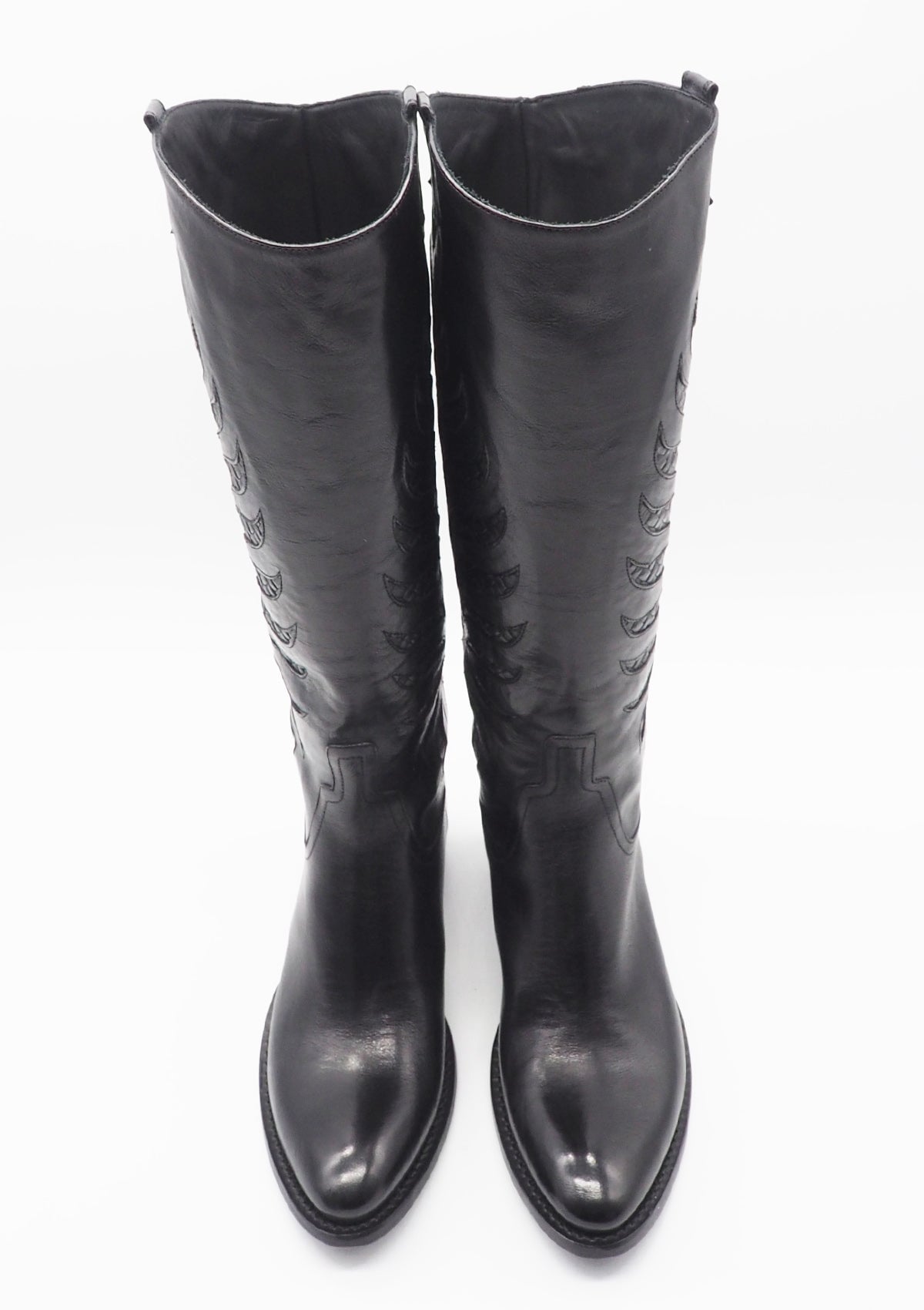 Damen Langschaft-Stiefel aus Glattleder in Schwarz - Westernstil Damen Stiefel Pantanetti