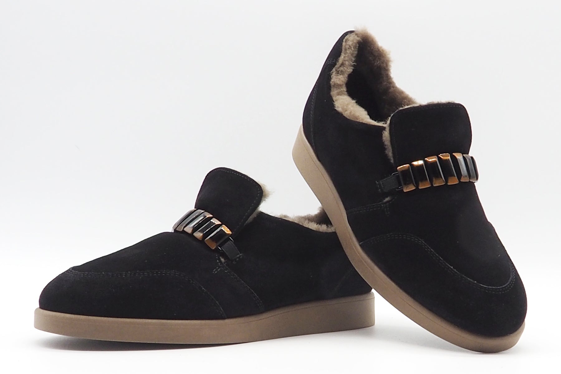 Damen Loafer aus Veloursleder in Schwarz mit dekorativer Schnalle & Lammfellfutter Damen Loafers & Schnürer Brunate