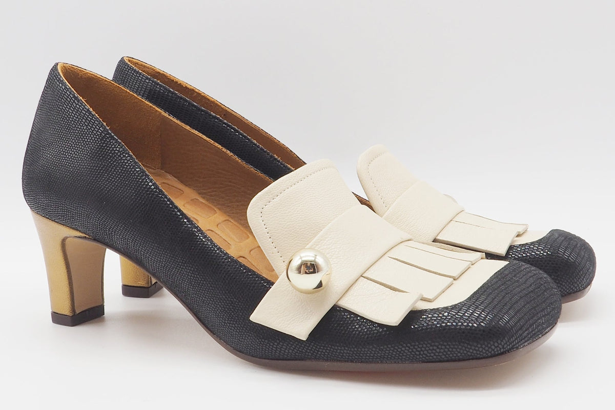 Damen Loafer mit Fransen in Karreeform in Schwarz & Creme - Shimone Damen Loafers & Schnürer Chie Mihara