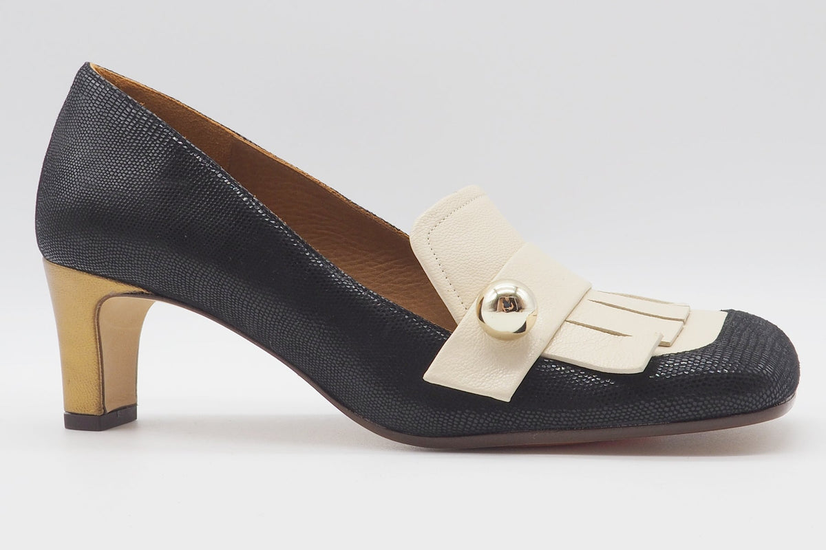 Damen Loafer mit Fransen in Karreeform in Schwarz & Creme - Shimone Damen Loafers & Schnürer Chie Mihara