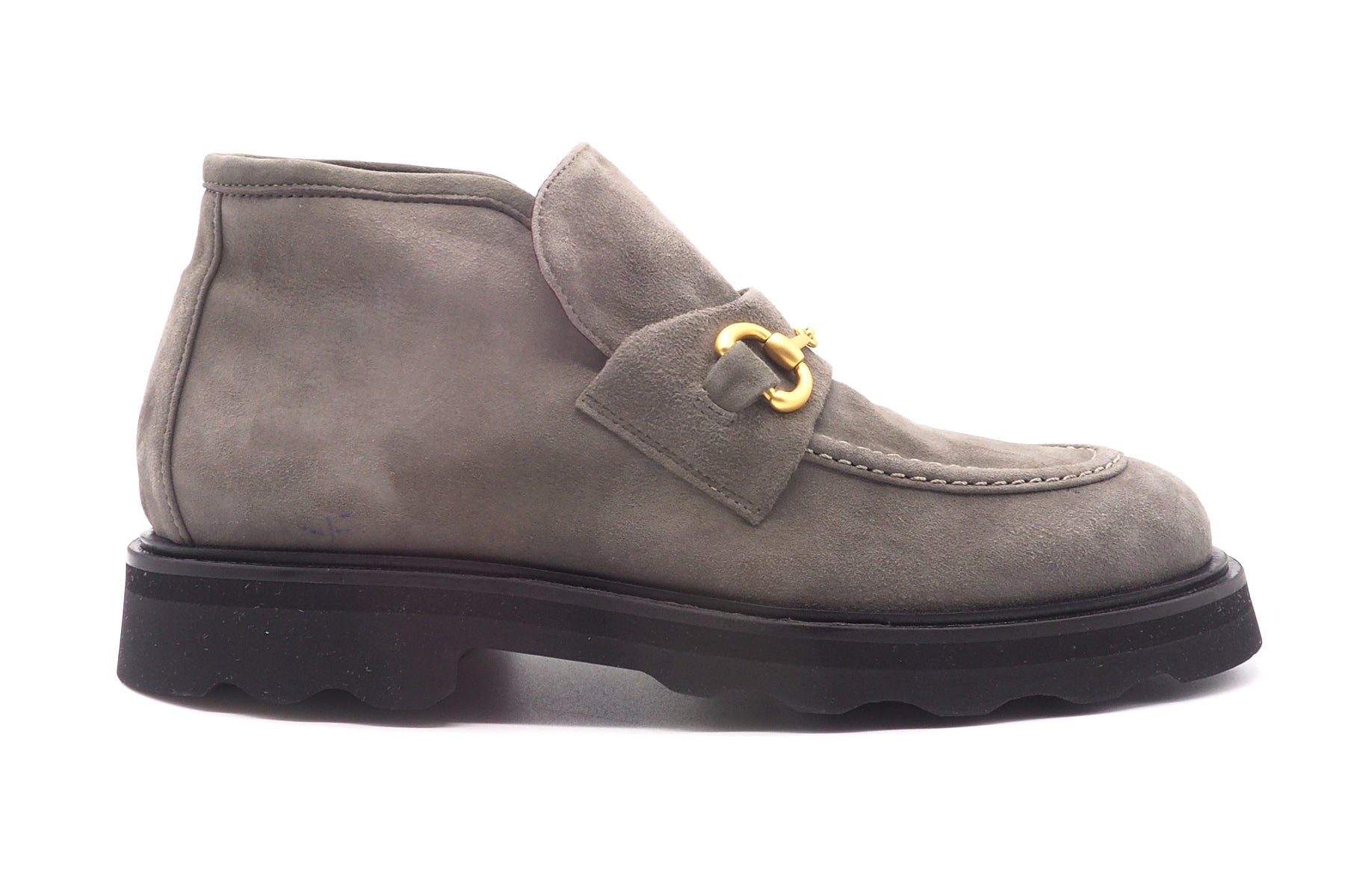 Damen Loafer-Stiefelette aus Velourleder in Grau mit goldener Trense Damen Stiefeletten Pomme D'or