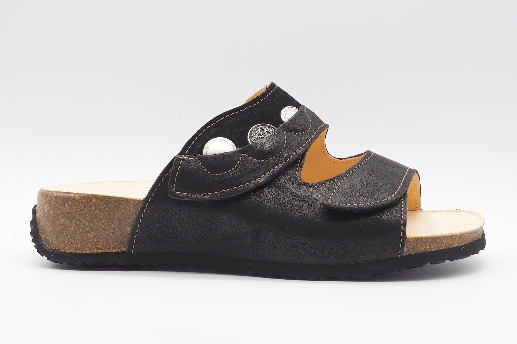 Damen Pantoffel "Mizzi" aus Velours- & Glattleder in Schwarz mit Kletter Damen Naturfußbett Think