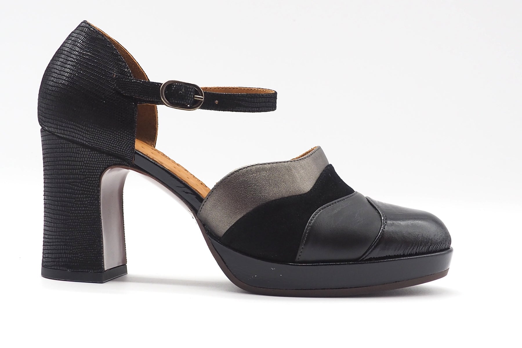 Damen Pumps mit Ristspange in Lederkombi in Schwarz mit Plateau - Dalian Damen Loafers & Schnürer Chie Mihara