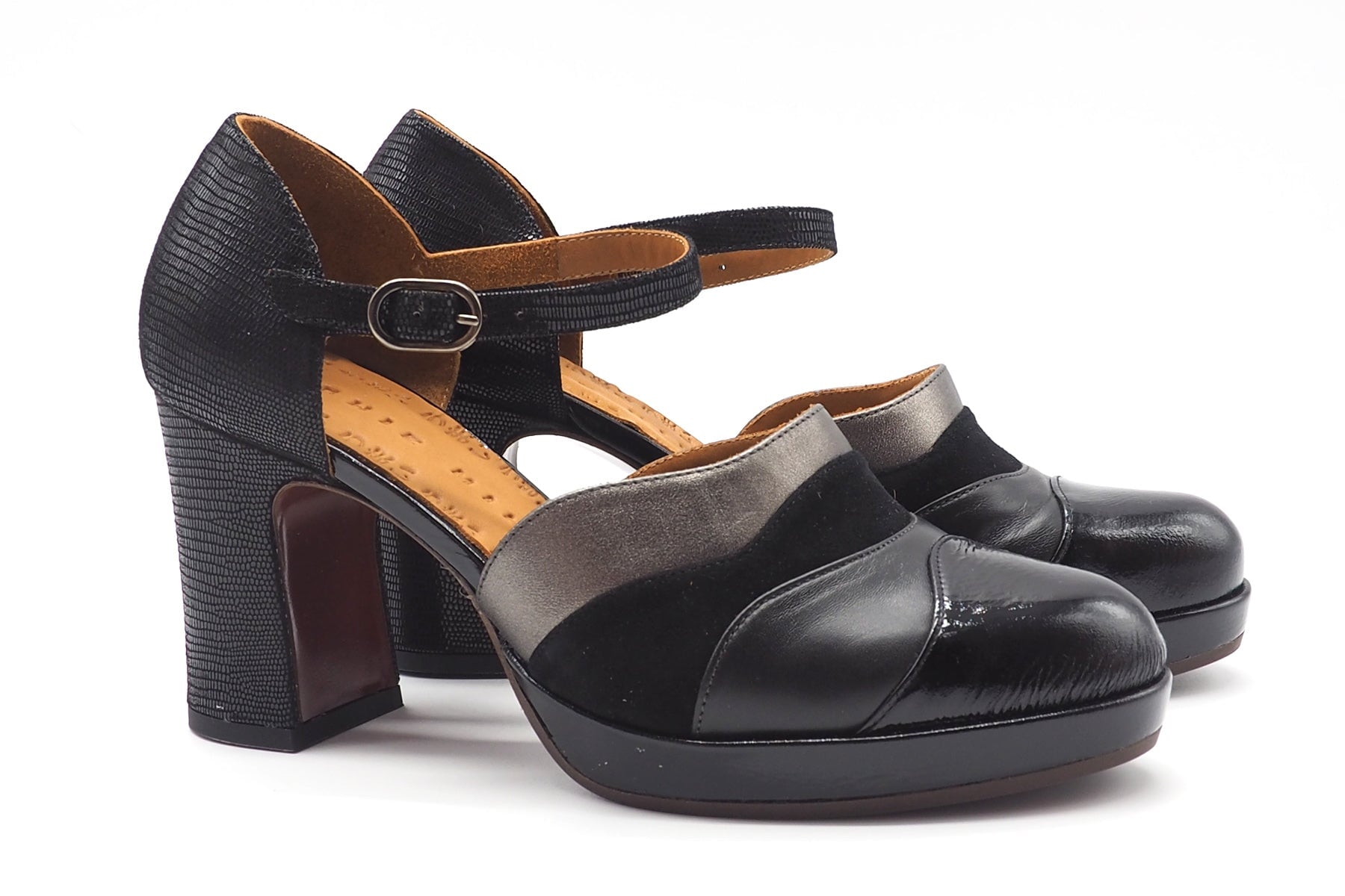 Damen Pumps mit Ristspange in Lederkombi in Schwarz mit Plateau - Dalian Damen Loafers & Schnürer Chie Mihara