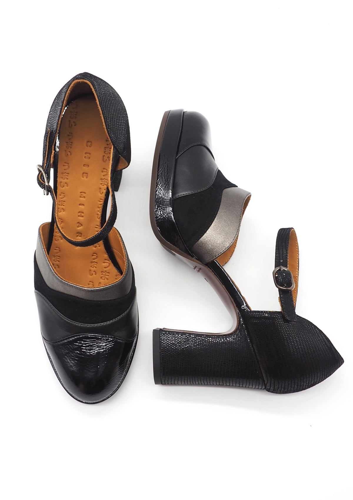 Damen Pumps mit Ristspange in Lederkombi in Schwarz mit Plateau - Dalian Damen Loafers & Schnürer Chie Mihara