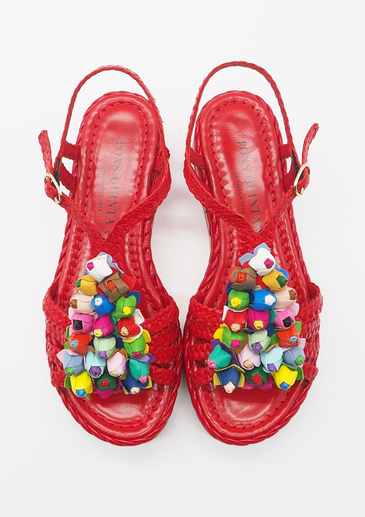 Damen Sandale aus geflochtenem Leder in Rot mit bunte Blumen - Absatz 4cm Damen Sandalen Pons Quintana