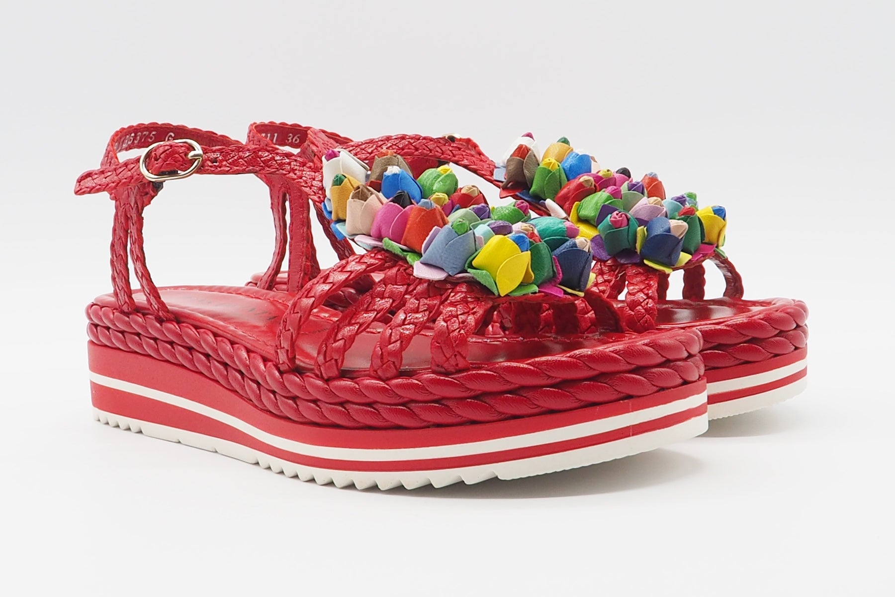 Damen Sandale aus geflochtenem Leder in Rot mit bunte Blumen - Absatz 4cm Damen Sandalen Pons Quintana