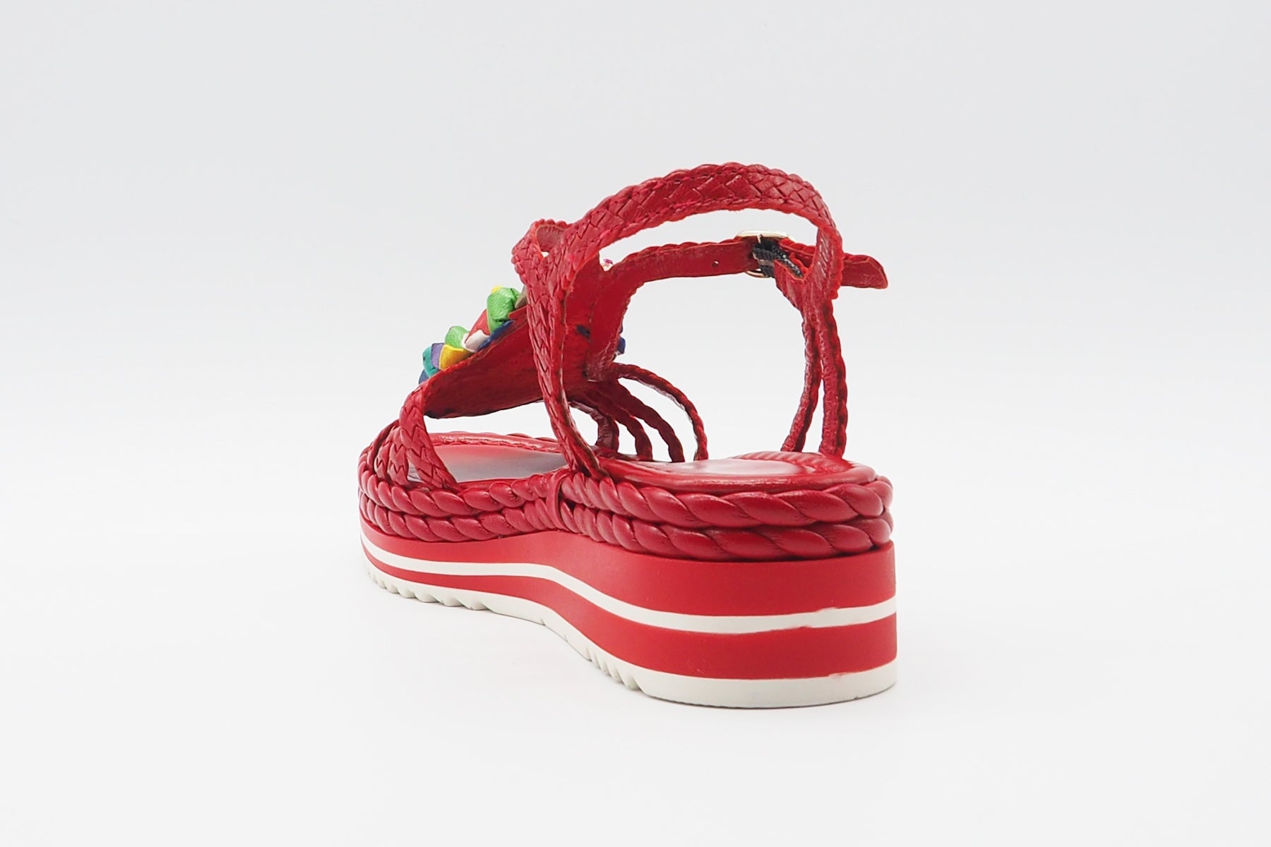 Damen Sandale aus geflochtenem Leder in Rot mit bunte Blumen - Absatz 4cm Damen Sandalen Pons Quintana