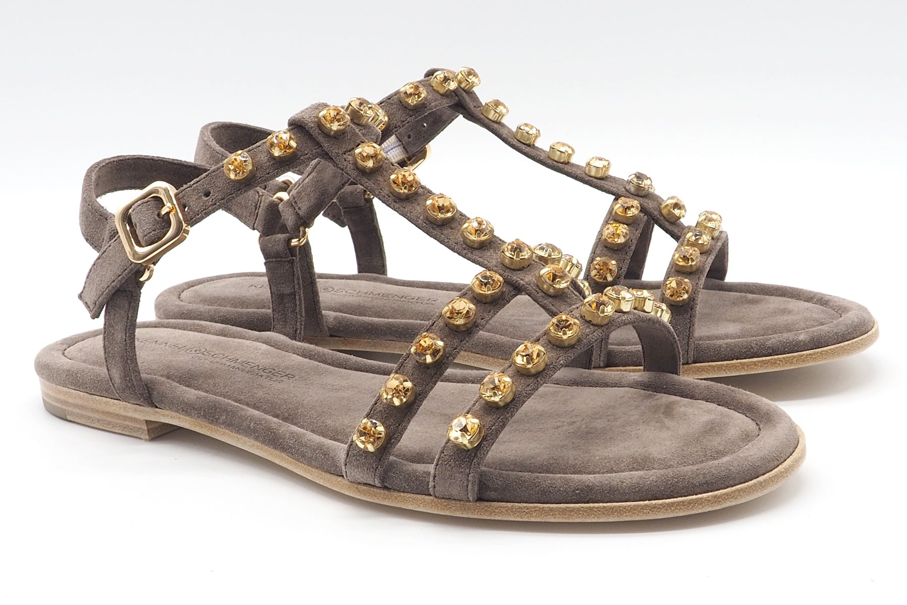 Damen Sandale aus Velours in Braun mit Strasssteinen - 1,5 cm Absatz Damen Sandalen Kennel & Schmenger