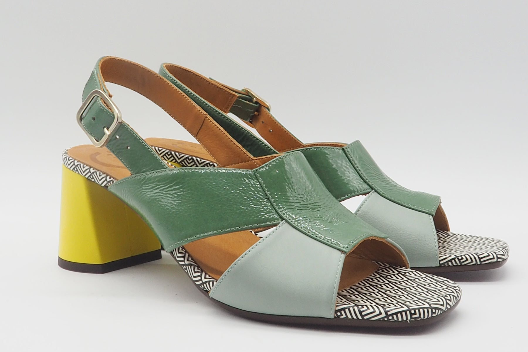 Damen Sandale im Patchworkstil - aus Leder in Grün & gelbem Absatz - Rudasa Damen Sandalen Chie Mihara