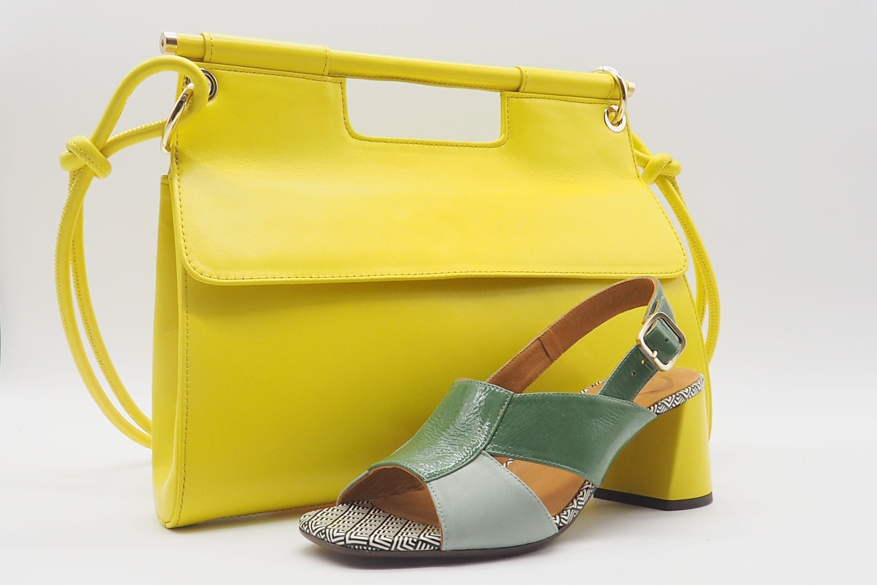 Damen Sandale im Patchworkstil - aus Leder in Grün & gelbem Absatz - Rudasa Damen Sandalen Chie Mihara