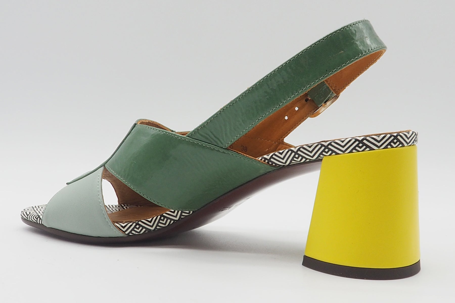 Damen Sandale im Patchworkstil - aus Leder in Grün & gelbem Absatz - Rudasa Damen Sandalen Chie Mihara