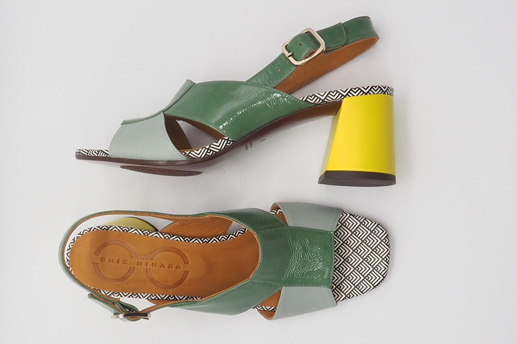 Damen Sandale im Patchworkstil - aus Leder in Grün & gelbem Absatz - Rudasa Damen Sandalen Chie Mihara