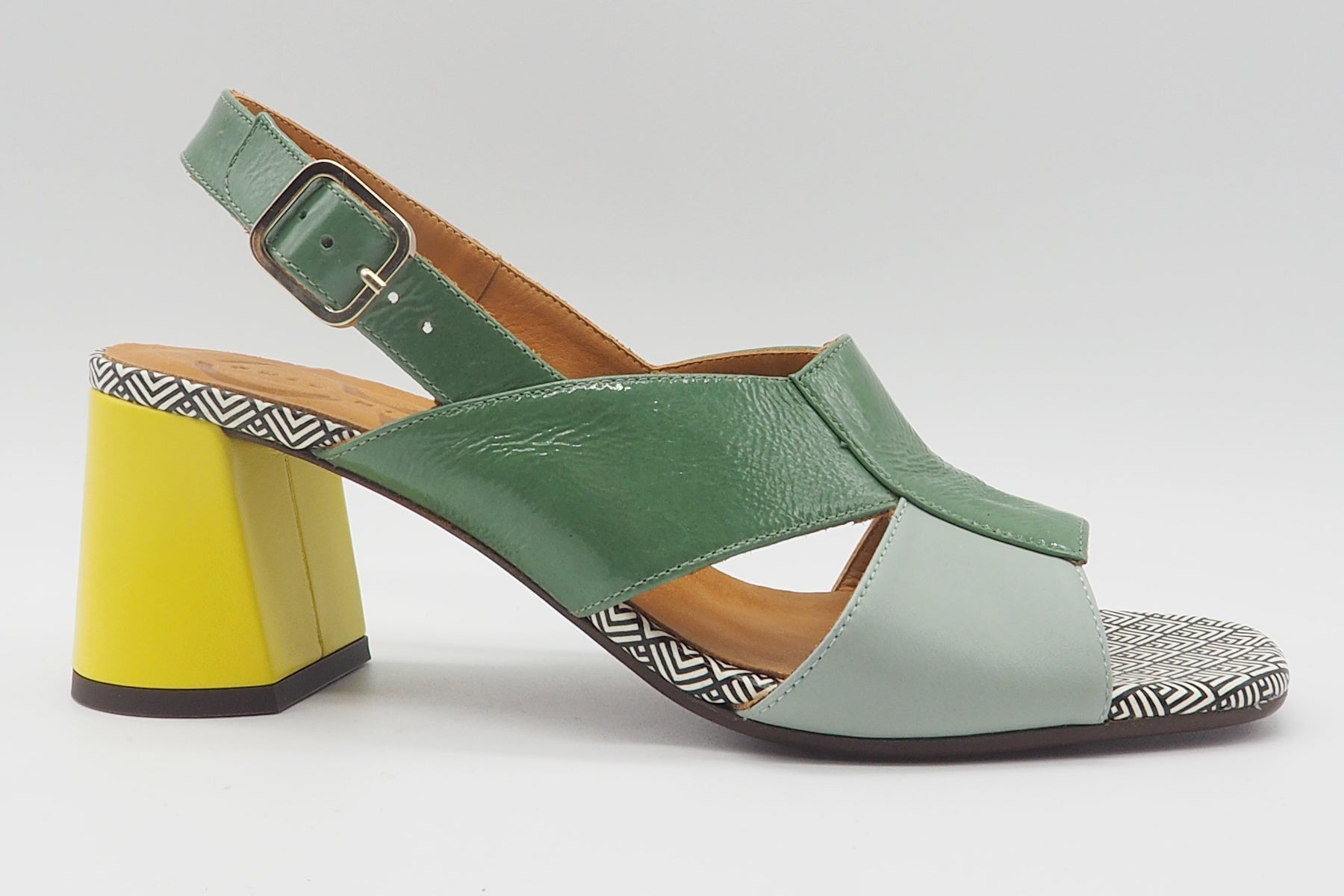 Damen Sandale im Patchworkstil - aus Leder in Grün & gelbem Absatz - Rudasa Damen Sandalen Chie Mihara